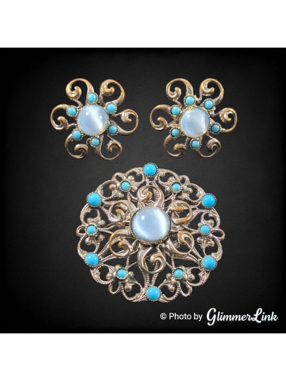 Vintage Art Nouveau Style Faux Moonstone Brooch Earrings Set